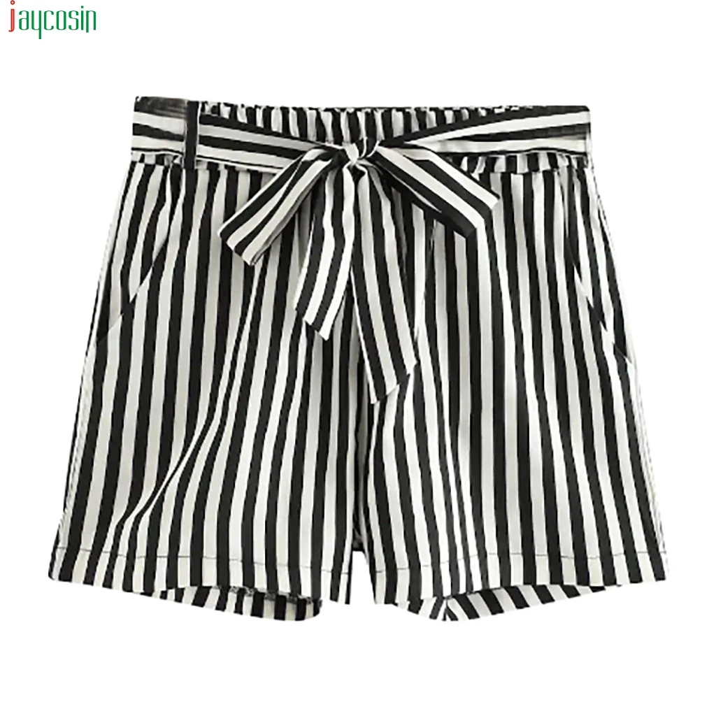 

JAYCOSIN Fashion Shorts Womens Stripe Bandage Pocket Wide Leg Casual Elastic Waist Casual Shorts women shorts feminino Trousers