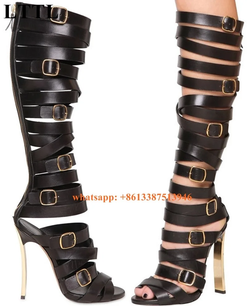 Women New Fashion Open Toe Strap Cross Black Leather Knee High Gladiator Boots Stiletto Heel Buckle Design Long High Heel Boots