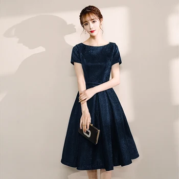 

2019 New O-Neck A-line Short Sleeves Vintage Evening Dresses Formal Dresses Womens Party Prom Evening Dress LF262