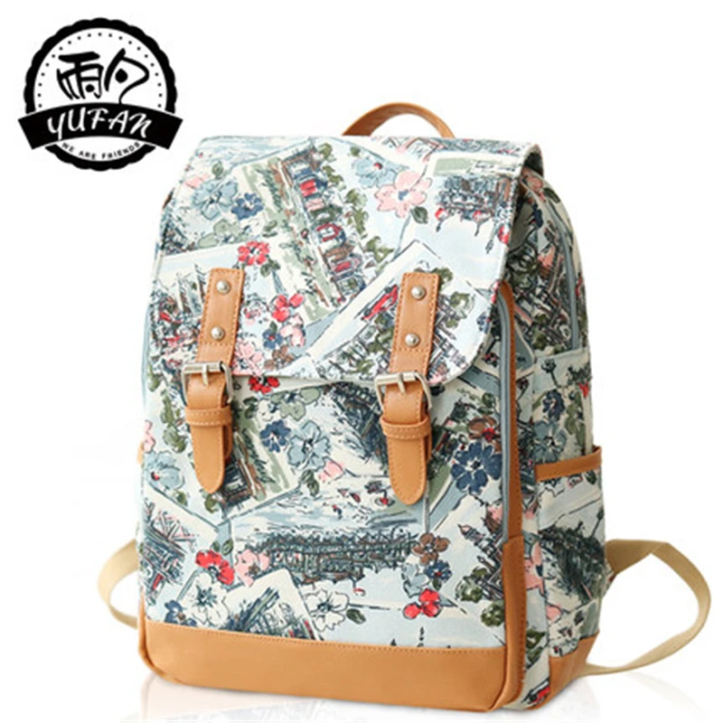 YuFan 2017 Newest Fashion Fresh European and American Style Soft Canvas PU Leather Printed Backpack Women