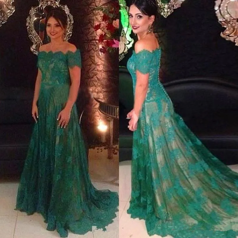 

Green Muslim Evening Dresses 2019 Mermaid Short Sleeves Appliques Lace Islamic Dubai Saudi Arabic Long Evening Gown Prom Dress