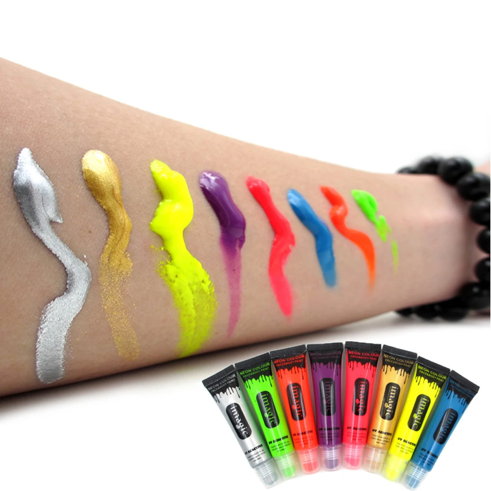 

8 colos NEON COLOUR FACE & BODY PAINT 13ml Fluorescent Rave Festival Painting Under the UV lamp Party Body fluorescence