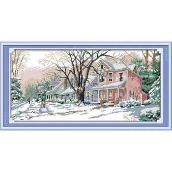 

Everlasting Love Winter Street Chinese Cross Stitch Kits Ecological Cotton Stamped Printed 11C DIY New Year Decorations For Home