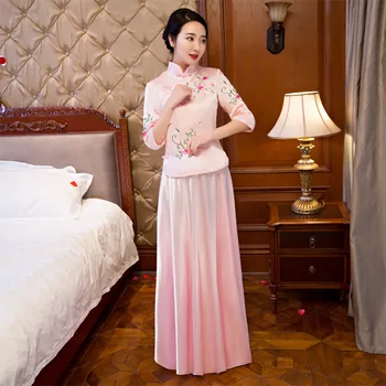 

Chinese Bridesmaid Erect Sisters Embroidery Dress Pink Wedding Qipao Cheongsam Vintage Oriental Dresses Evening Gowns Women