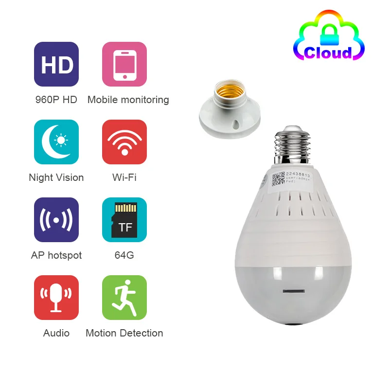 

360 degree light bulb monitoring security mini wireless light WIFI network camera fish eye panoramic light bulb HD 960P WIFI net