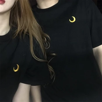 

Harajuku Women Tshirt Moon Embroidery Short Sleeve Female Summer Tops Korean Wild Loose Lovers Clothes