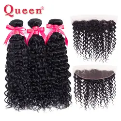 Queen hair Малайзии волна воды 3 Связки с фронтальной закрытие 100% Remy 13x4 фронтальная с Связки натуральные волосы ткань расширения
