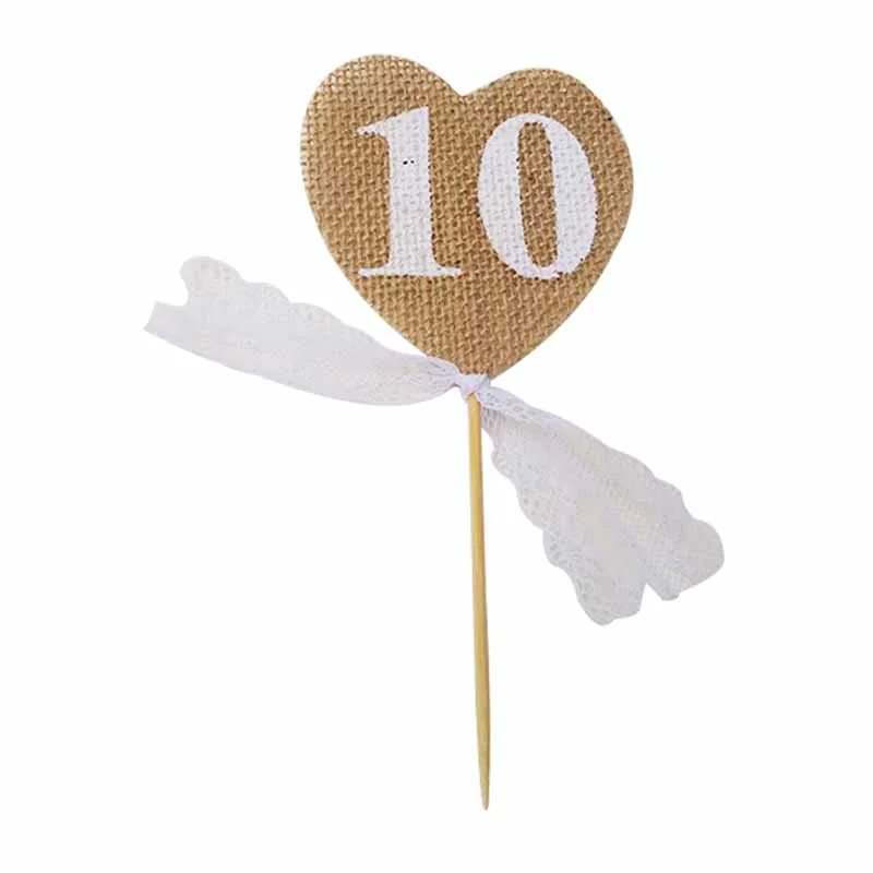 1-10 джут из мешочной ткани настольные карточки винтажные Свадебные украшения стол в форме сердца номер Украшение для центрального элемента деревенский ремесло