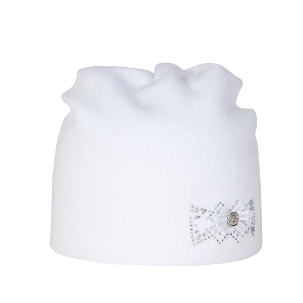Мягкая вязаная шапочка из хлопка, женские Стразы, бант, Шапочка-бини с цветочным узором, шапка для дам, зимняя теплая простая шапка, Женская Элегантная шляпка - Цвет: White