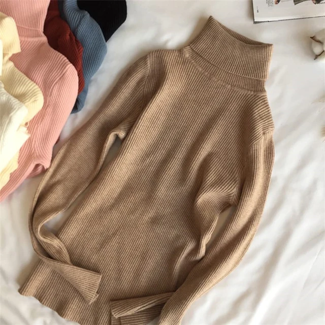 Autumn Winter Thick Sweater Women Knitted Ribbed Pullover Sweater Long Sleeve Turtleneck Slim Jumper Soft Warm 4