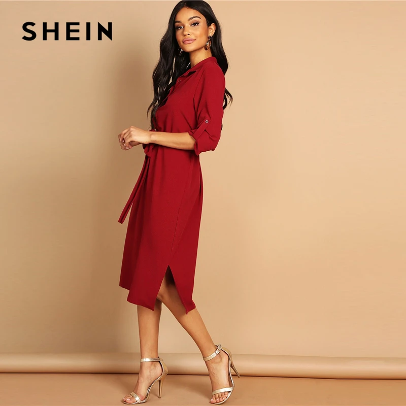 SHEIN Элегантное Платье-Рубашка На Кулиске Женское Бордовое Классическое Платье С Длинным Рукавом