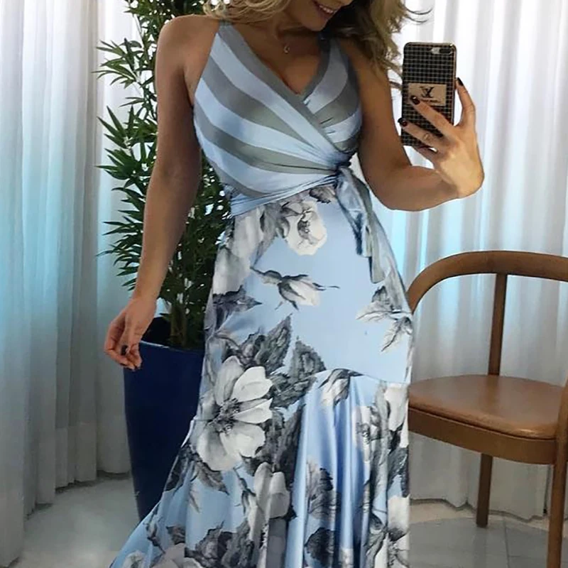 

Floral print wrap dress women Fashion ruffles long summer dress 2019 Sleeveless flower boho dresses Bandage maxi vestidos mujer
