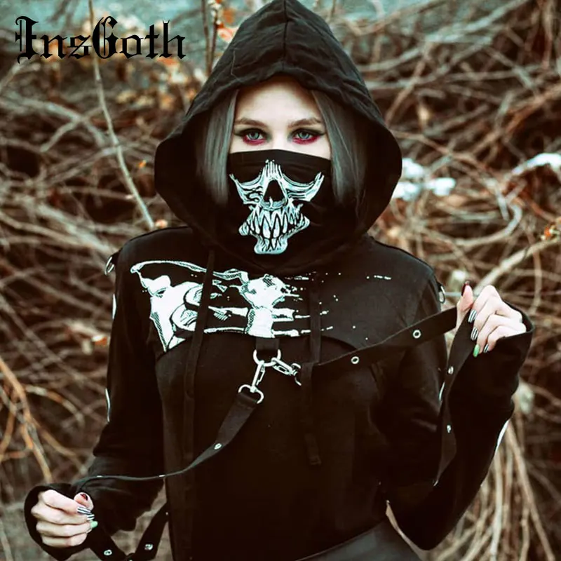InsGoth Женская толстовка готический панк Сексуальная Hoolow Out Strapped Skeleton маска с принтом модная уличная женская черная с капюшоном укороченный топ