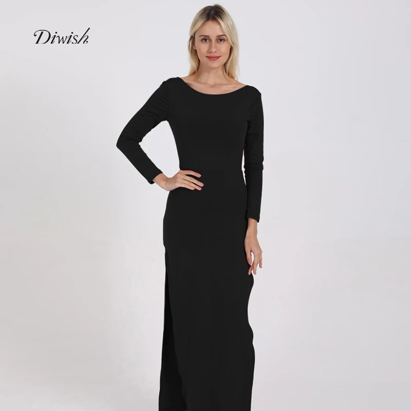 

Diwish Women Dress Sexy O Neck Backless Long Sleeve Package Hip Slit Floor Length Long Dress Solid Skinny Elegant Dress Autumn