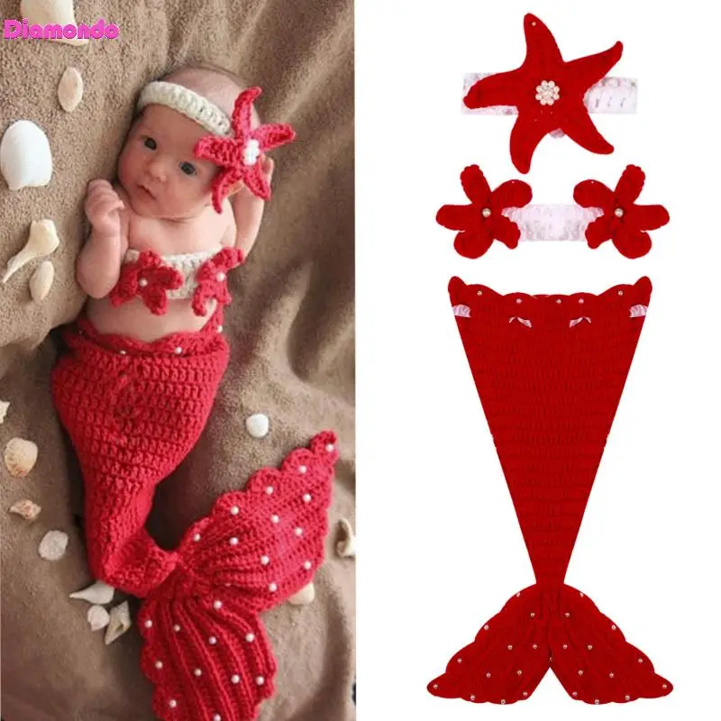 

3pcs Newborn Photography Props Infant Baby Girls Red Mermaid Handmade Warm Crochet Knit Hat+Corsage+Sleeping Bag Outfit Costumes
