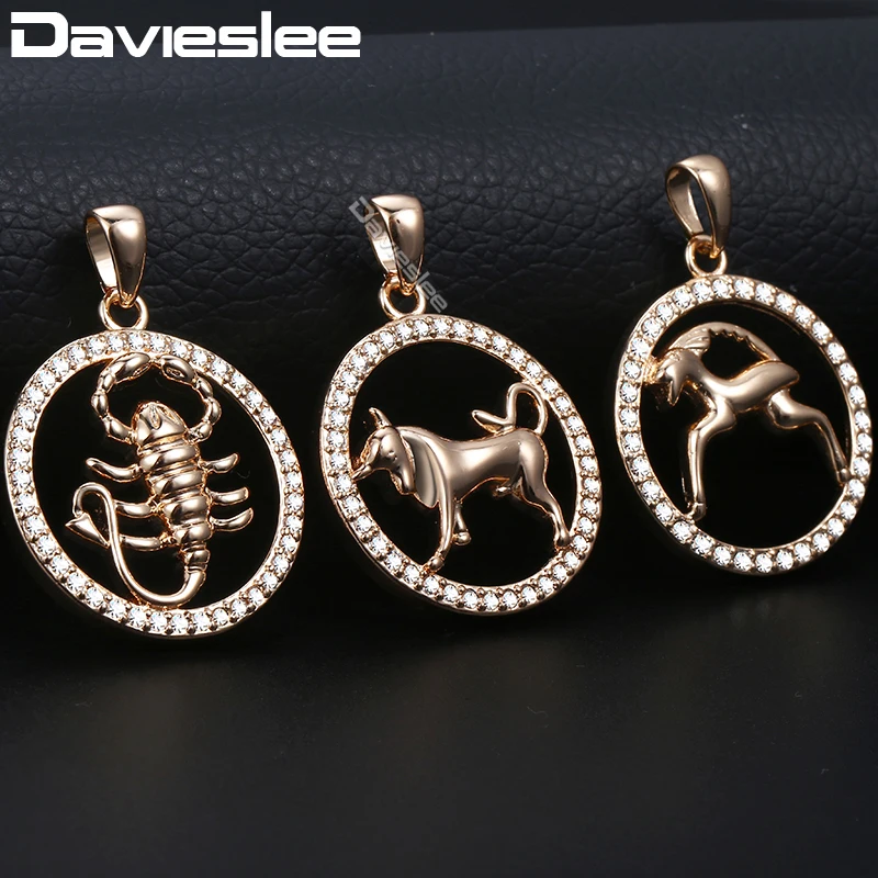 Davieslee Pendant Necklace For Women Men 12 Zodiac Sign Constellation Rose Gold Color White Stones Round Shaped LGPM17