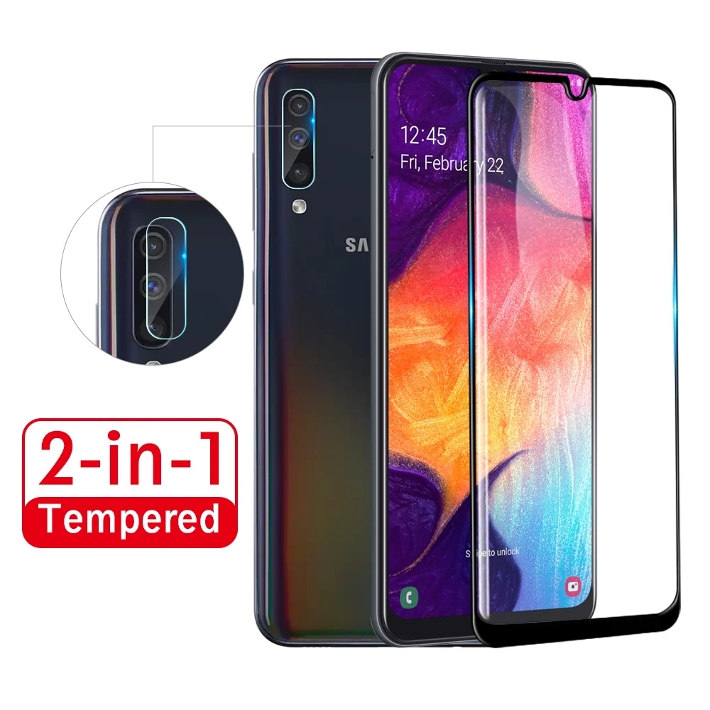 2 в 1 Защитное стекло для Samsung Galaxy A50 A30 A70 защита экрана камеры защитный объектив