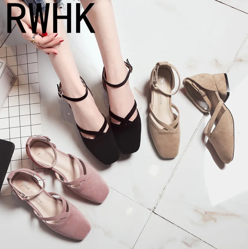 

RWHK Korean version of the female Baotou single shoes female spring 2019 new square head with retro single shoes women B270