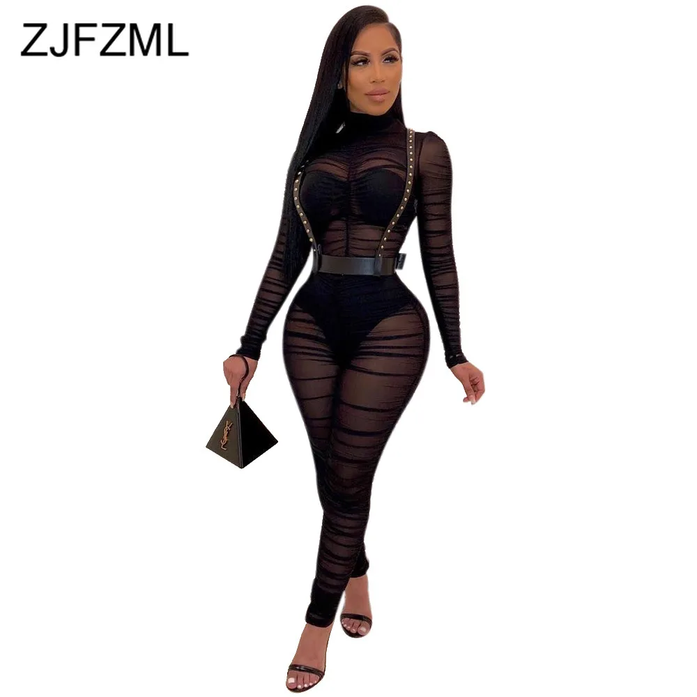 

Plus Size Causal Bodycon Jumpsuits Women High Necked Full Sleeve One Piece Body Suit Streetwear Mesh Perspective Skinny Romper