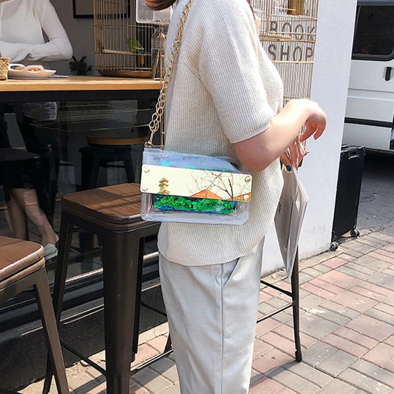 

Sequined Metal Chain Jelly Flap Bags Women Fashion Small Clear Crossbody Bag Luxury Transparent Laser Women Shoulder Bags Purses