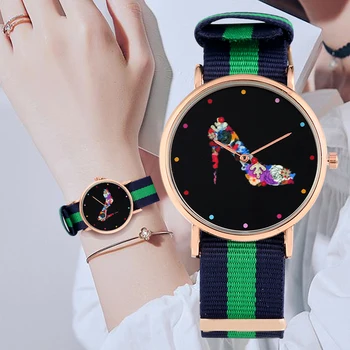 

Practical Nylon Strap Coloured High-heeled Shoe Pattern Dial Quartz Analog Wrist Watches Gift for Women
