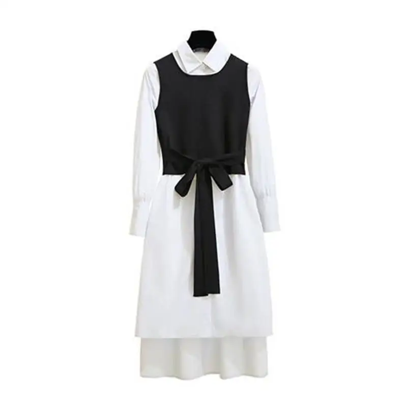 Весенне-осенний Элегантный женский комплект 2 шт. Вязанный жилет с оборками+ однобортная Асимметричная рубашка, платье, костюм, плиссированное платье с бантом, комплект J149 - Цвет: white