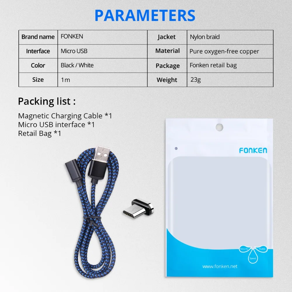 FONKEN Micro USB Magnetic Cable Max 2.4A Fast Charging Cord Phone Magnet Mini USB Cable LED Sync Data Wire Nylon braided Cables FONKEN Micro USB Magnetic Cable Max 2.4A Fast Charging Cord Phone Magnet Mini USB Cable LED Sync Data Wire Nylon braided Cables