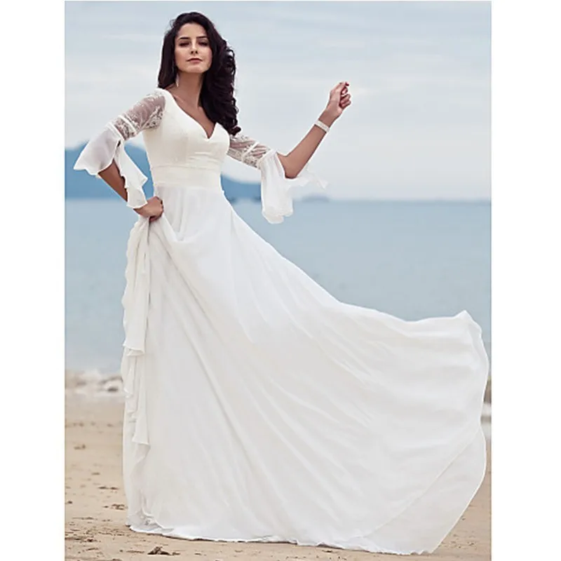 

Morning Wedding Dress 2015 Elegant Beach Style Long Sleeve Bridal Gowns Lace and Chiffon vestido casamento noiva