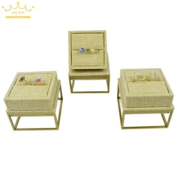 Luxurious Beige Linen Jewelry Display Stainless Steel 14cm Jewelry Rack Ring Stand Holder Show