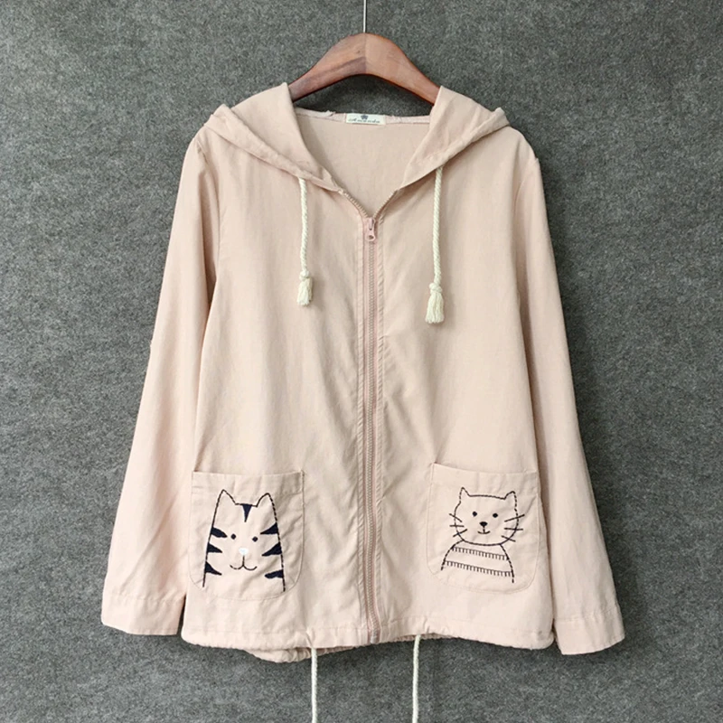 

Spring Autumn Japanese Cute Kitty Embroidery Pockets Girls Hooded Sweatshirt Women Zipper Solid Hoodies Jacket Coats T259