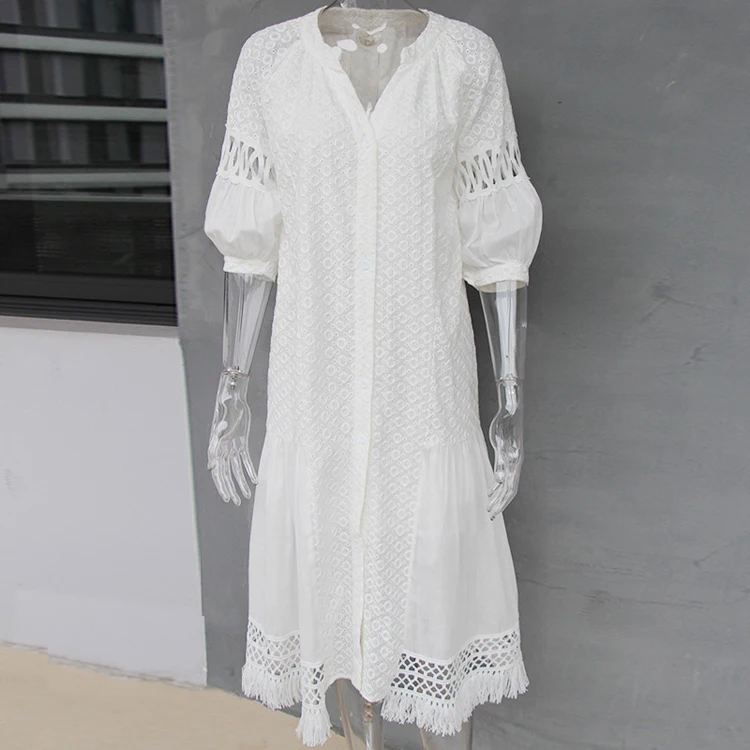 KIYUMI Платье женское белое вышитое длинное платье с вырезом на пуговицах кардиган свободное кружевное платье с длинными рукавами Повседневное Хлопковое платье