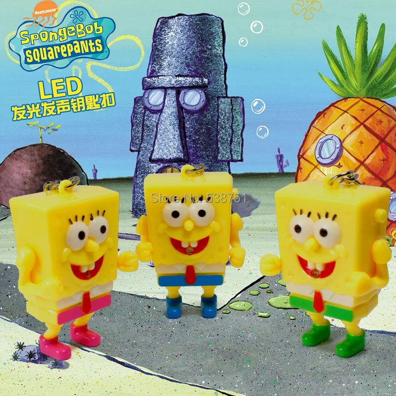 

FREE SHIPPING by FEDEX 100pcs/lot Wholesale 2014 Newest Cute Spongebob Flashlight Keychain LED Spongebob Keyring with Sound