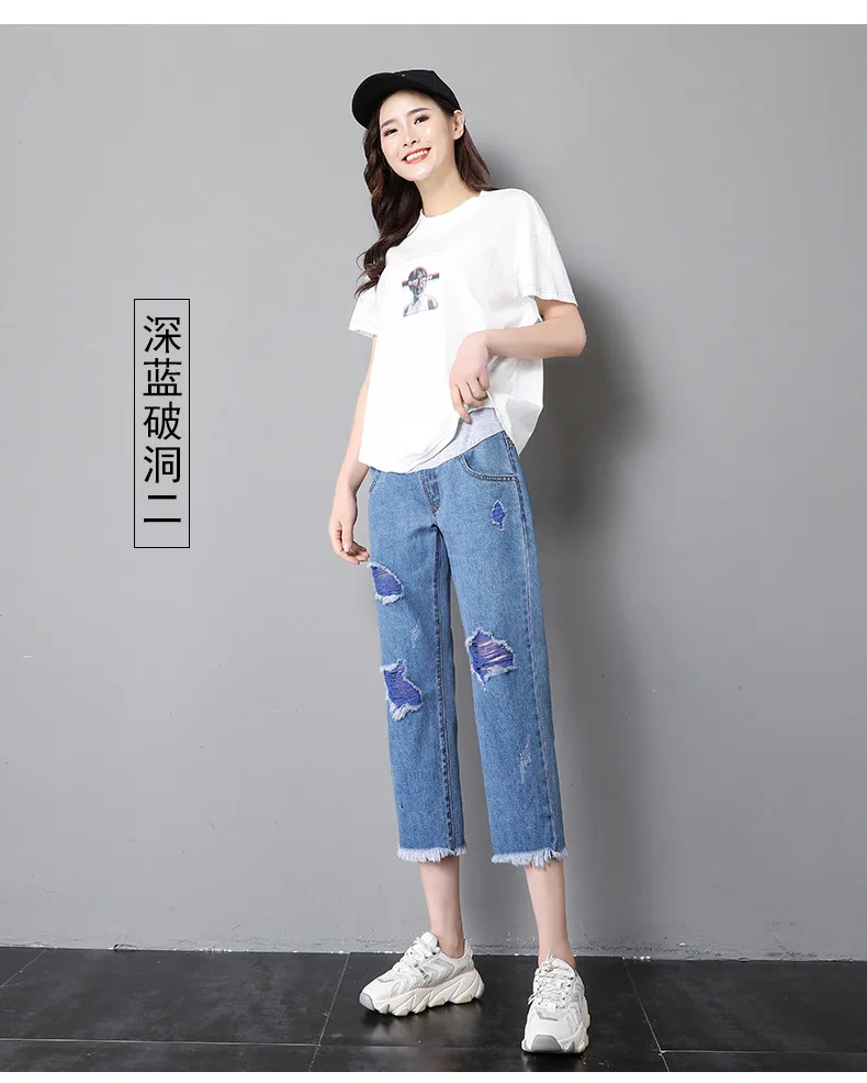 Calças de Algodão Verão Finas Mulheres Grávidas Calças Jeans Maternidade Buraco Moda Hight Cintura Gravidez Roupas Tamanho Grande 14 Calças Jeans Maternidade Buraco Moda Jeans Hight