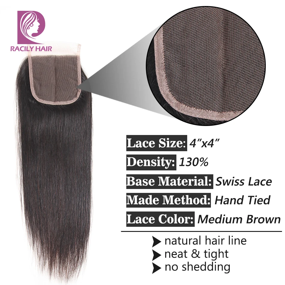 Racily волосы прямые бразильские человеческие волосы 10-22 дюймов 4x4 кружева закрытие естественного Цвет Волосы remy застежка 1 шт./лот