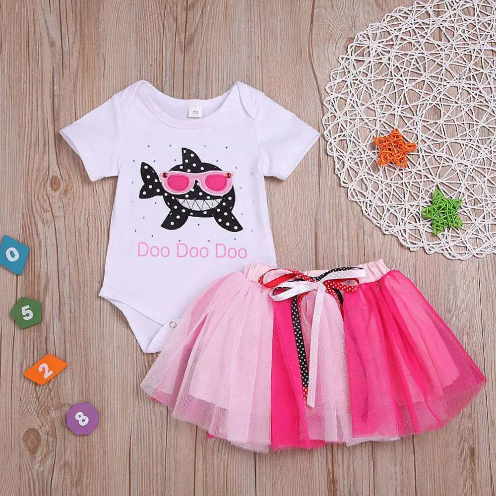 

Summer Baby Newborn Girl Short Sleeve Cartoon Shark Pattern Romper Short Mesh Costume