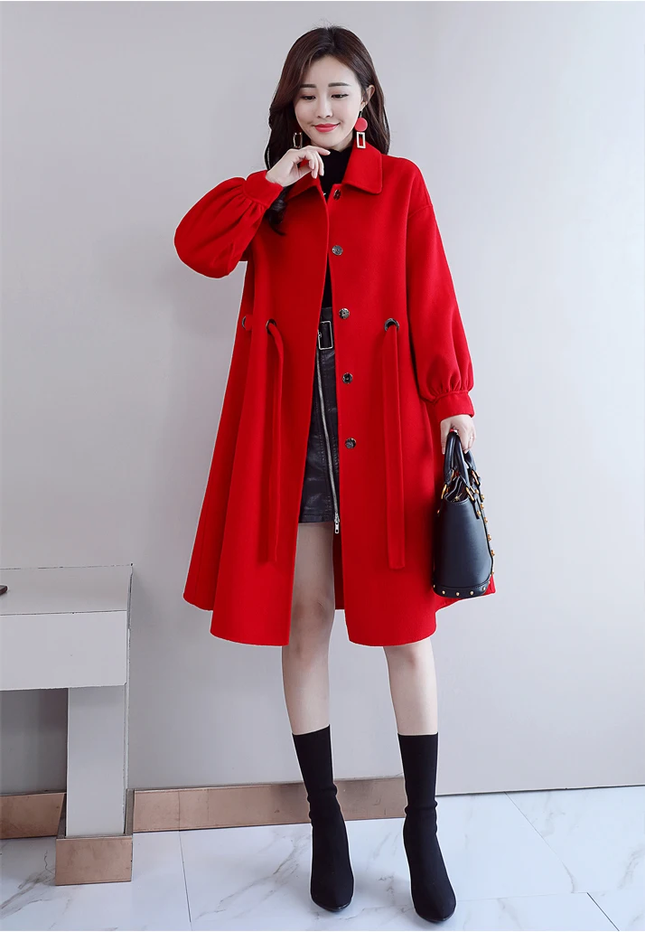 2019 spring new women woolen coat female long section slim versatile tie with solid color woolen coat A87 Parkas