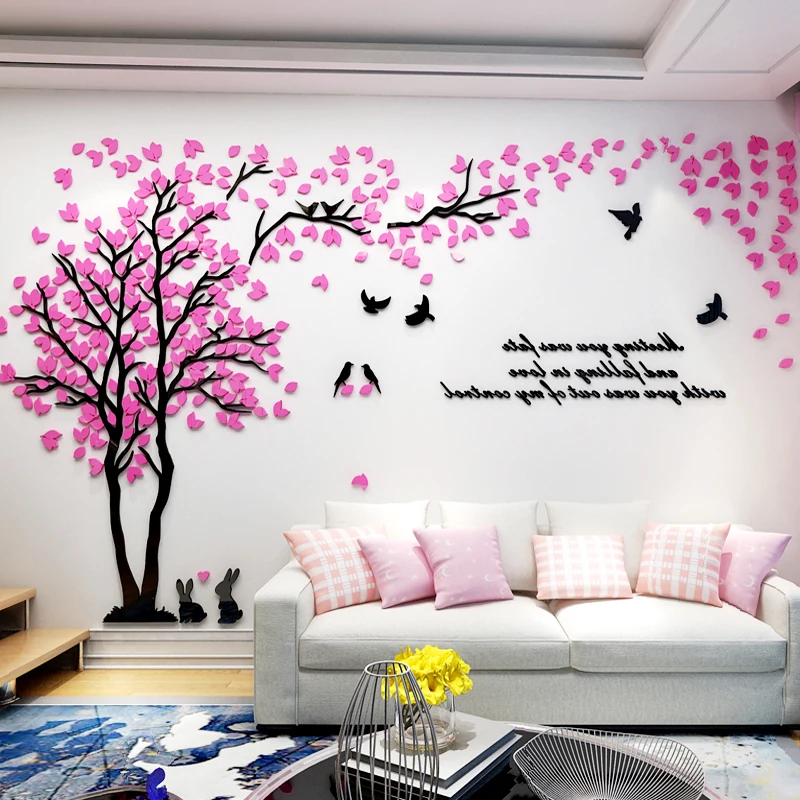 Online Pegatina pared amor árbol 3D con adhesivos de conejito pájaro para pared decoración de sala de estar pegatinas de pared acrílicas papel tapiz de fondo de TV