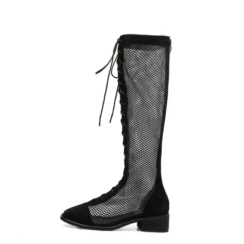 

Summer Women Ankle Strap Sandals High tube Mesh Lace Up Square heel 4CM High Heels Sandals Women Shoes Sexy Pumps