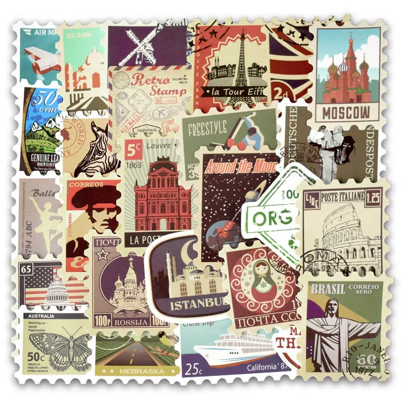 50pcs Retro Various Countries Stamps Mixed vinyl stickers for Laptop Refrigerator Luggage Decal Stickers For MacBook/HP Notebook