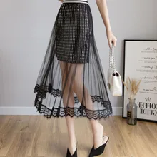 LISM прозрачная Длинная летняя юбка эластичная высокая Талия Блестки юбки большого размера женские лоскутные сексуальные черные флада тюль