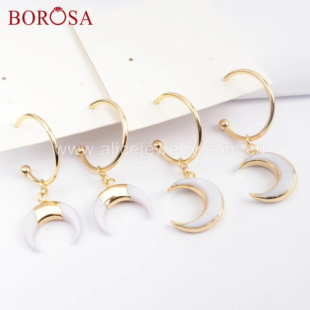

BOROSA 5Pairs Gold Color Natural White Shell Horn/Moon Shape With Round R-ing Dangle Earrings Jewelry for Women Girls G1677
