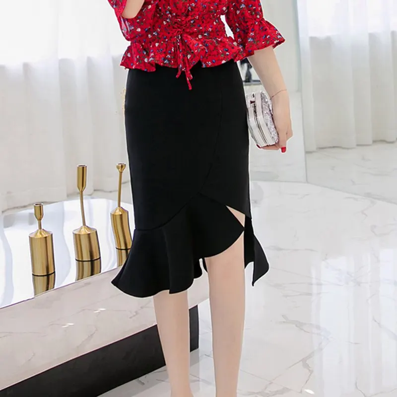 SEXMKL Plus Size Womens Red Skirts Winter 2018 Korean Elegant Sexy Bodycon Ruffle Skirt Office High Waist Pencil Black Skirt Skirts