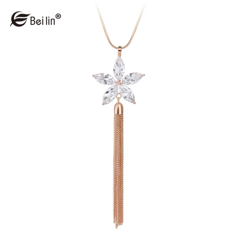 

2017 New Women Fashion Sweater Chain Long Necklace Cubic Zirconia Flower Tassel Necklaces & Pendants Collares Mujer (AF820040)