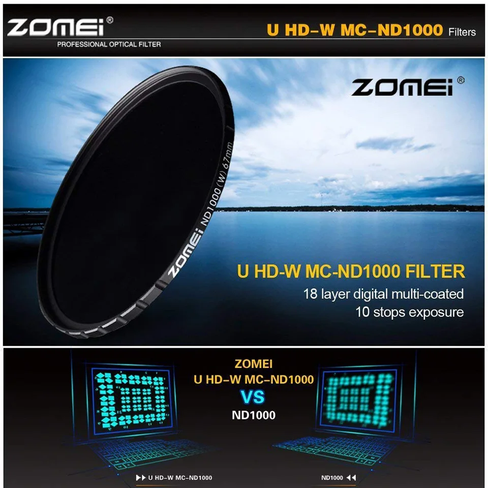 Zomei оптический Стекло фильтр Slim HD ND1000 52/58/67/72/77/82 мм Камера фильтр 10-stop мультипросветление с каждой стороны набор УФ-фильтров с нейтральной плотностью для Canon sony