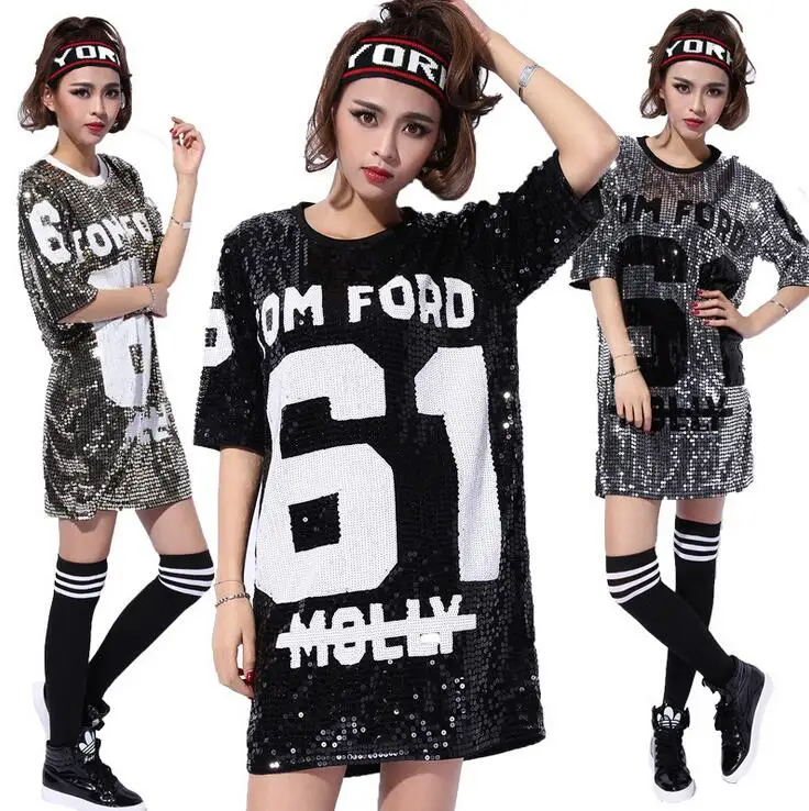 Black Silver Gold Plus Size Loose Sequined Dresses Sexy Punk Hip Hop