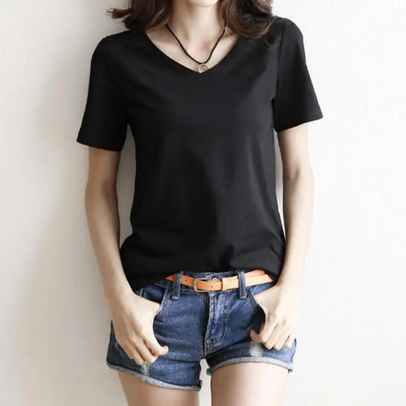 

Zuolunouba Summer Fashion Commuting Women T Shirt Solid Color Harajuku Bottoming Shirt Loose Short Sleeve Black Lady Tees Tops