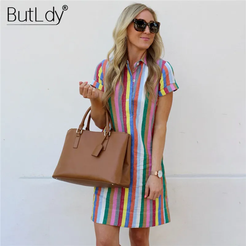 

Rainbow Striped Shirt Dress Women Summer 2019 Turn-Down Collar Button Short Sleeve Beach Dress Casual A Line Dresses Sundress