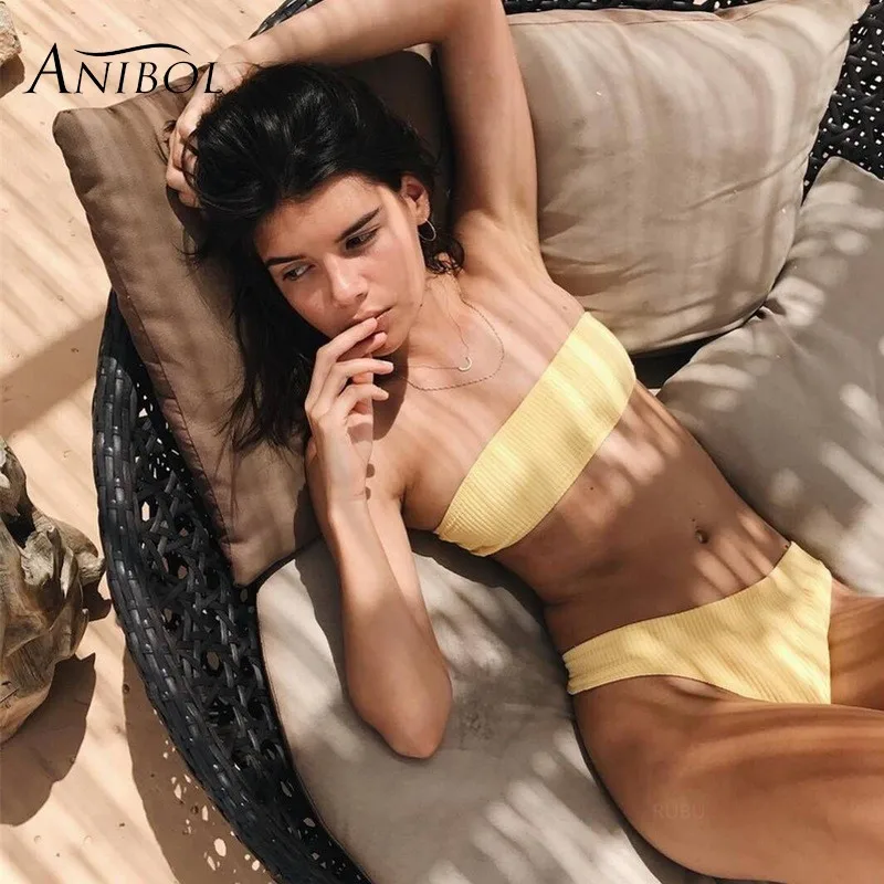 

Anibol 2018 White Strapless Women Bikini Sexy Brazilian Girls Pink Swimwear Ribbed Fabric Bandeau Swimsuit Maillot De Bain Femm