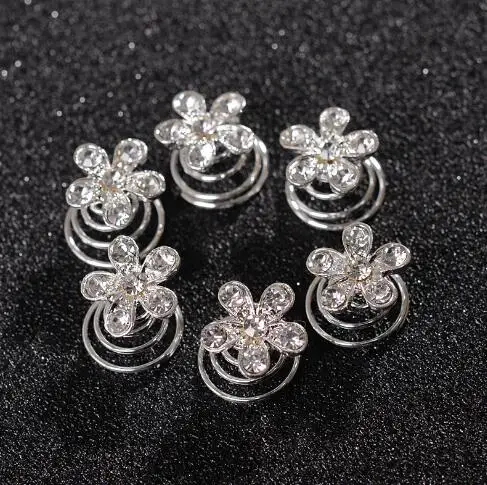Mariée mariage argent fleur cristal transparent cheveux bobines spirales twists pins 