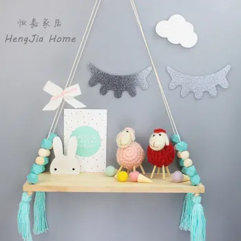 

Nordic Style Wooden Bead Tassels Swing Hanging Shelf Storage Rack Holders Wax Rope Hanging Shelf Wall Decor of Bedroom Shelves